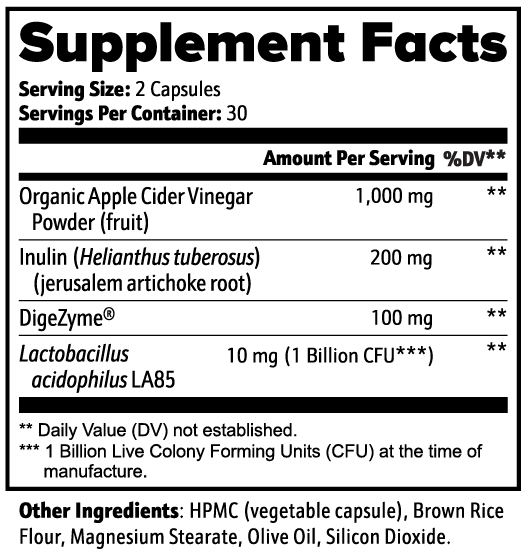 Supplement facts label for Giminutra's apple cider vinegar