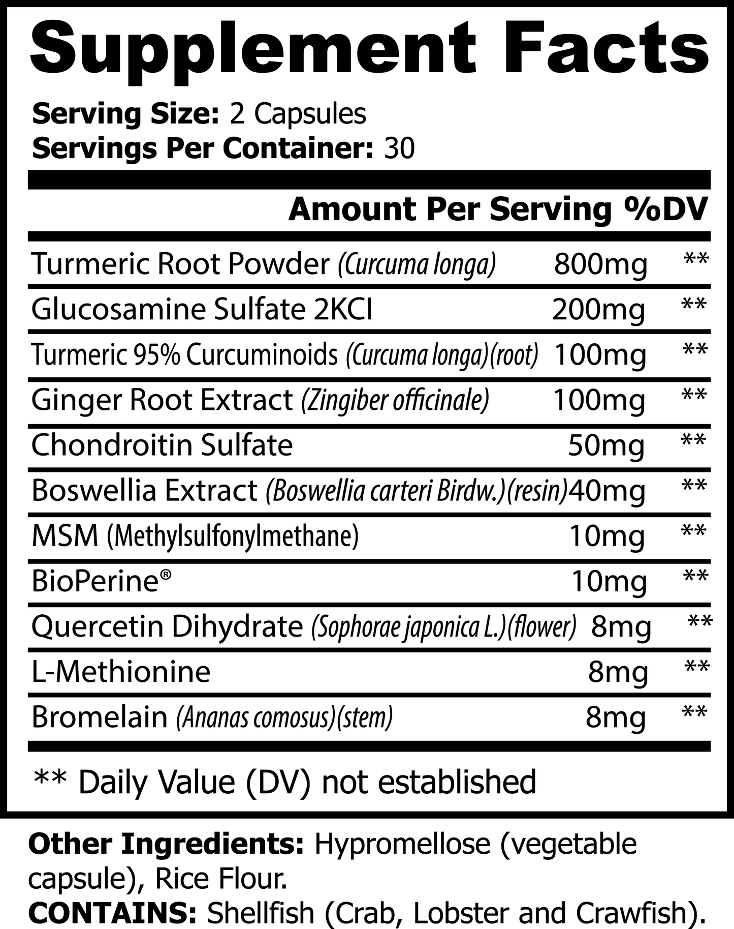 Supplement facts label for Giminutra's turmeric with ginger