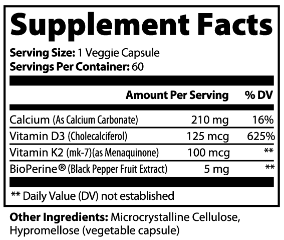Supplement facts label with detailed nutritional information for vitamin K2+D3 on a white background