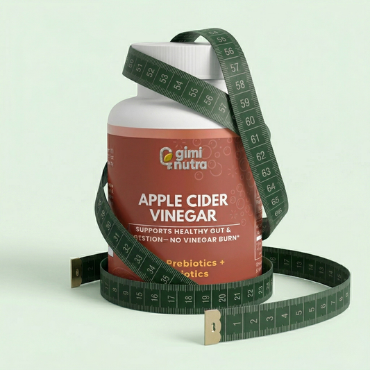 Giminutra apple cider vinegar bottle with a measuring tape wrapped around it on a light green background