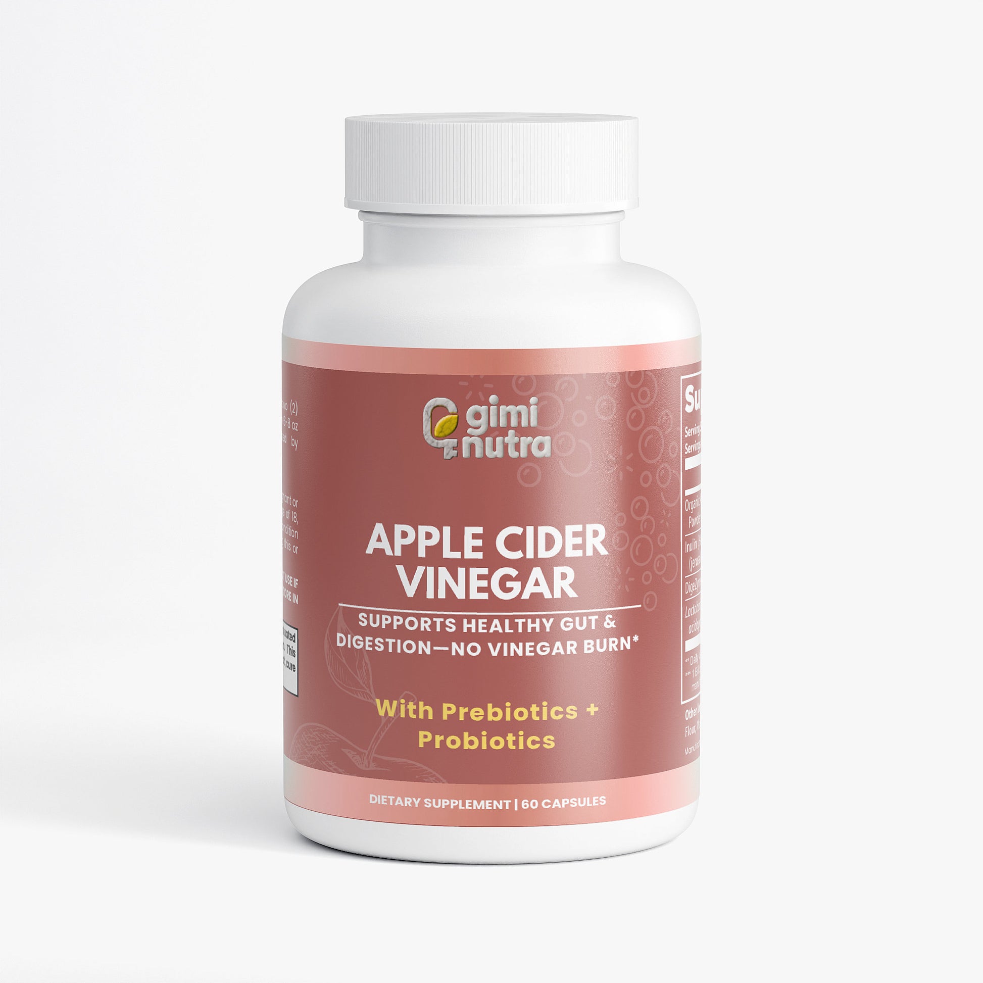 Giminutra's apple cider vinegar supplement bottle on a white background