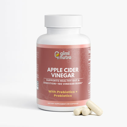 Giminutra's apple cider vinegar supplement bottle with capsules to bottom right, on a white background
