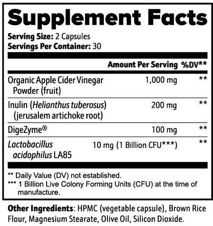 Supplement facts label for Giminutra's apple cider vinegar 