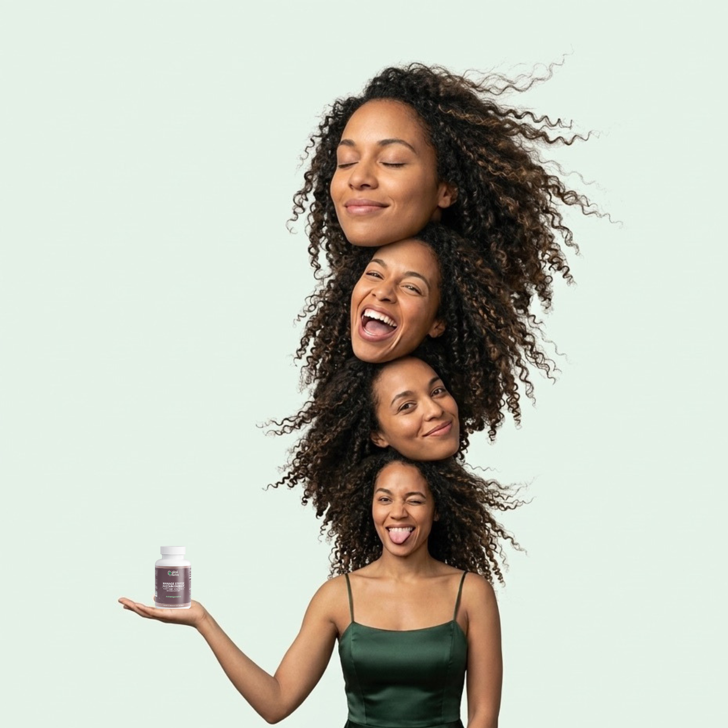Four stacked heads of a woman with curly hair in different happy expressions holding giminutra ashwagandha bottle against a light green background