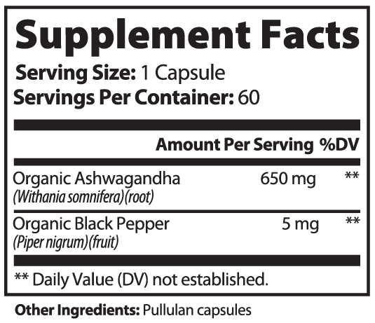 Supplement facts label for Giminutra Ashwagandha on a white background