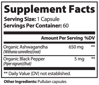 Supplement facts label for Giminutra Ashwagandha on a white background