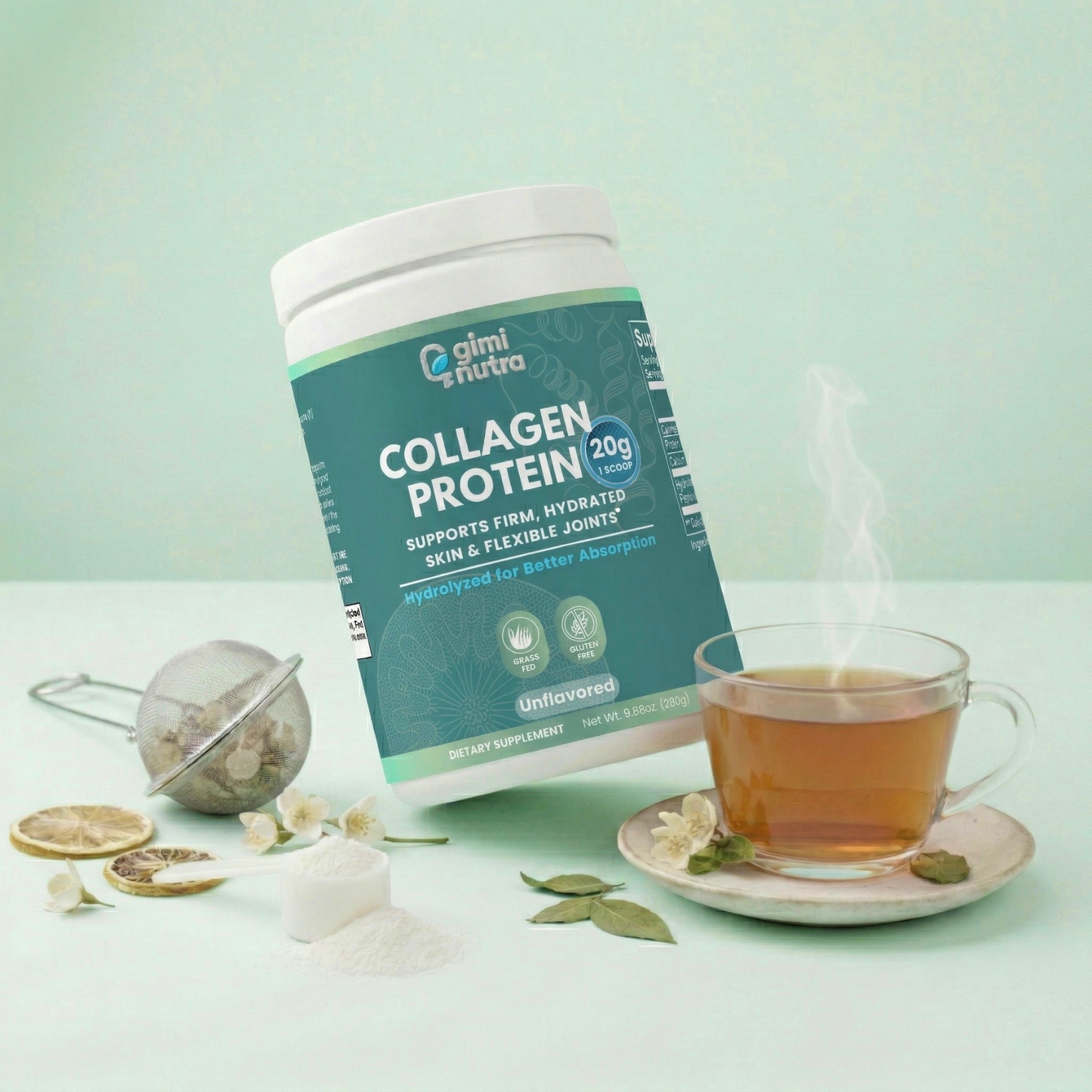 Giminutra collagen protein powder container with a cup of tea on a light green background