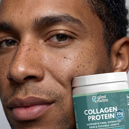 Close-up of a man's face with a container of giminutra collagen protein pressed agains his cheek. 