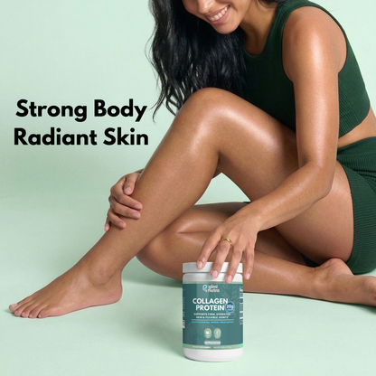 Woman sitting on a light green background holding giminutra's collagen protein container. The overlay text ready:"Strong body, radiant skin."