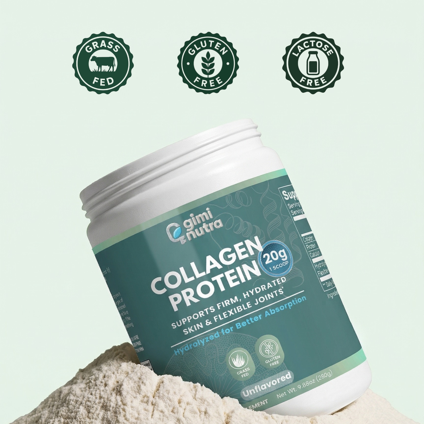 Giminutra collagen protein powder container sitting on a mountain of collagen powder on a mint green background, and three overlay trust badges.