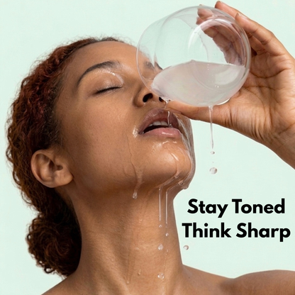 Woman pouring water from a glass into her mouth with some water spilling onto her face with text 'Stay Toned Think Sharp' on a mint green background.
