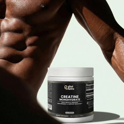 Topless man, with defined muscles sitting next to a "giminutra" creatine container on a plain soft mint background.