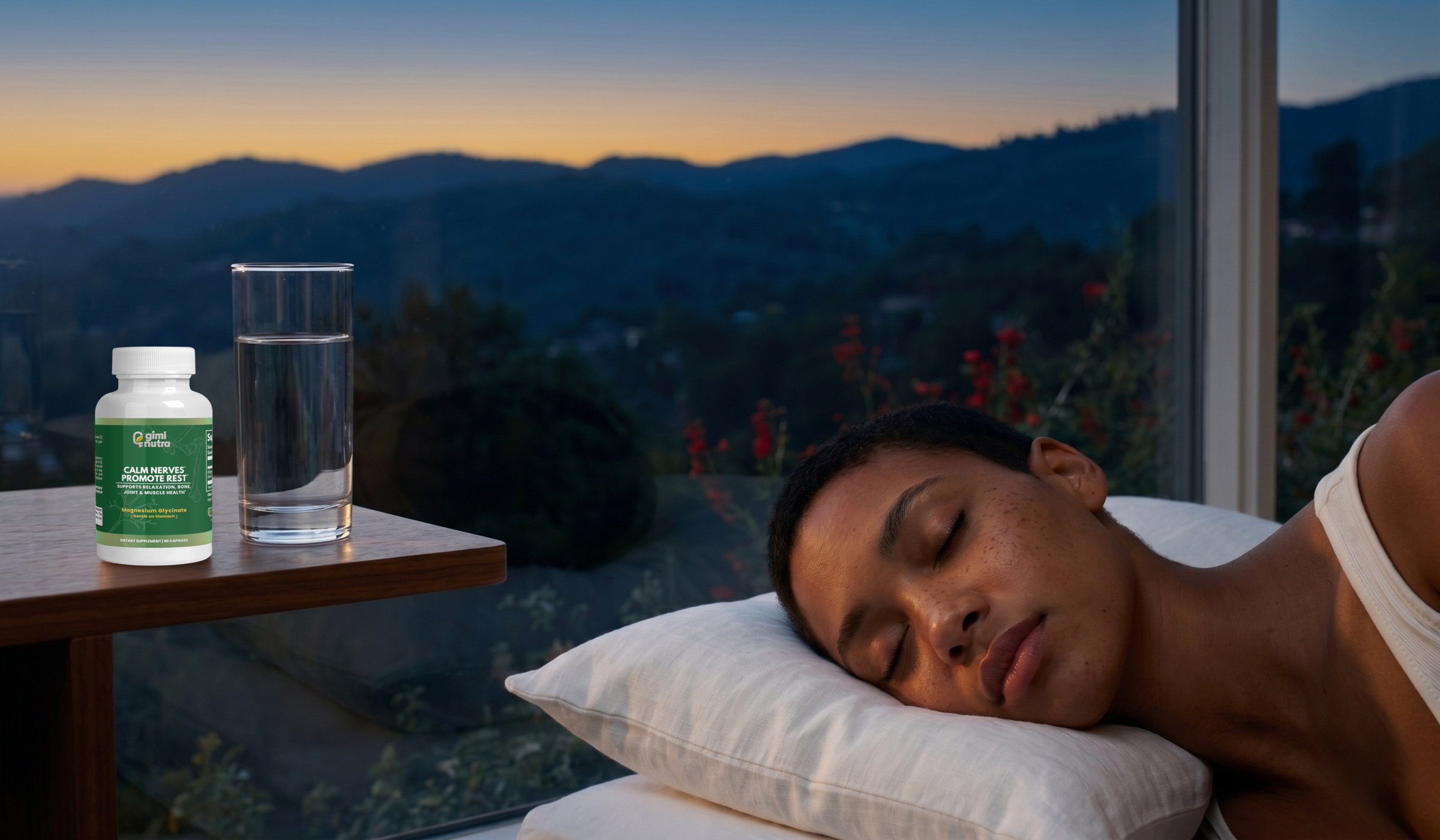 A woman peacefully resting in a modern bedroom on white linens. Large, framed windows in the background reveal a sweeping view of distant mountains at sunset, with the sky in a yellow-to-blue gradient. On a wooden bedside table, giminutra magnesium glycinate supplement bottle and a glass of water are visible.