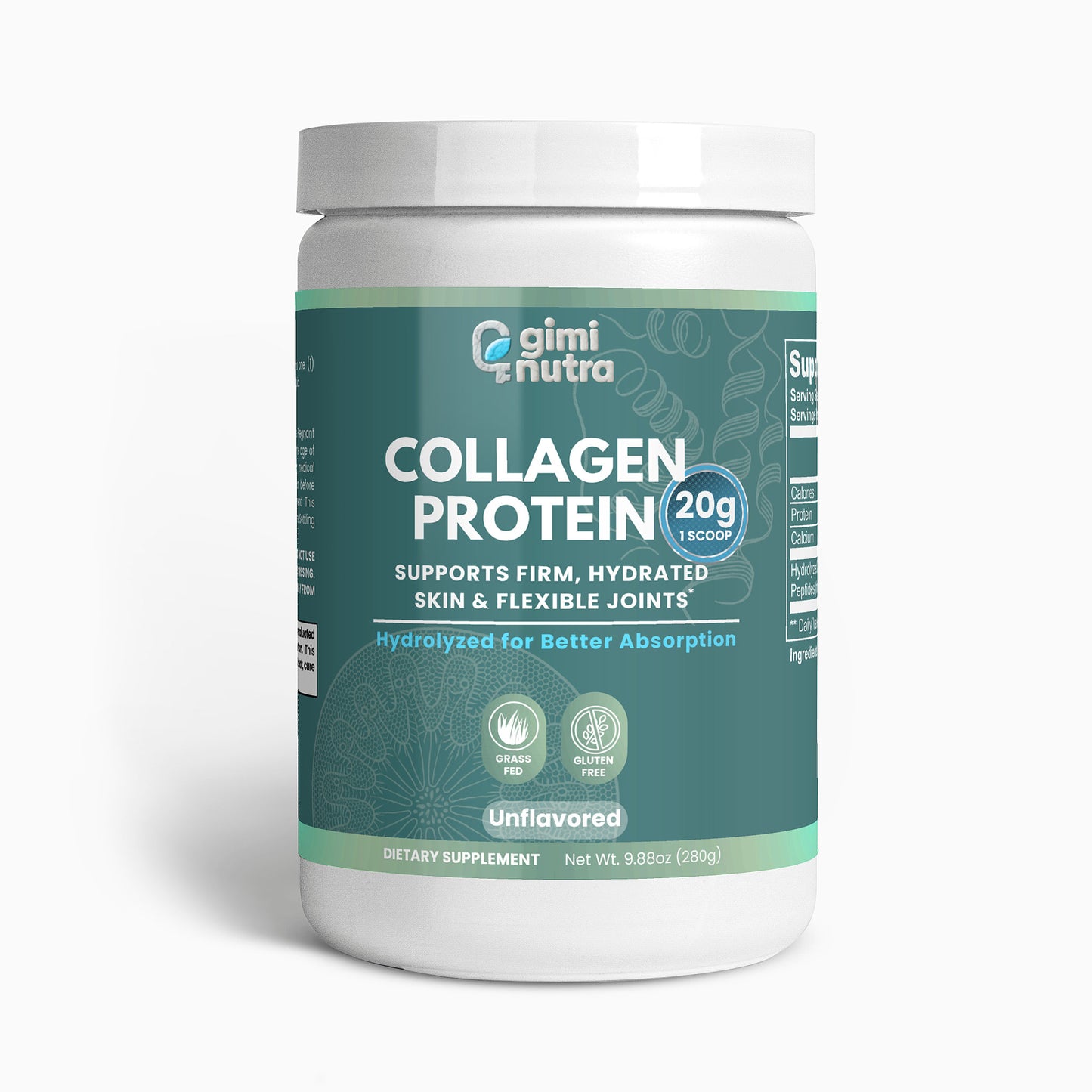 Collagen protein supplement container with blue label on a white background