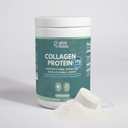 Giminutra collagen protein powder container with powder scoop on a light gray background