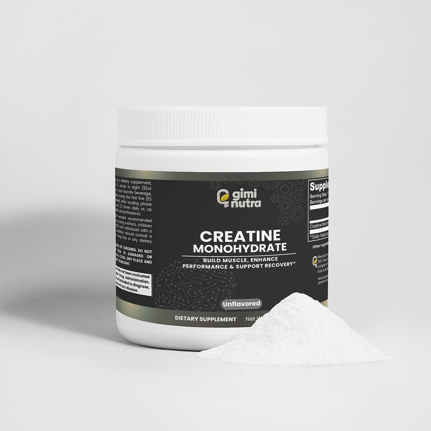 Glimnutra Creatine Monohydrate supplement container with scoop of powder on a white background