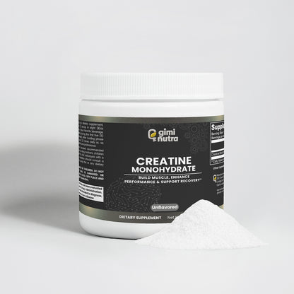 Glimnutra Creatine Monohydrate supplement container with scoop of powder on a white background