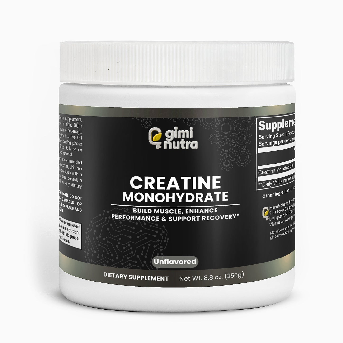 Giminutra Creatine Monohydrate supplement container on a white background