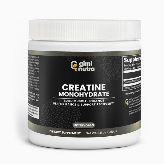 Giminutra Creatine Monohydrate supplement container on a white background