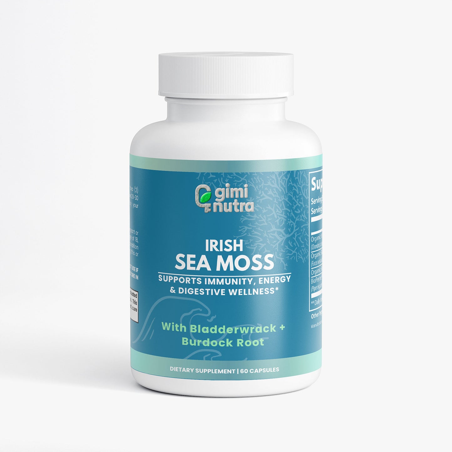 Giminutra Irish Sea Moss supplement bottle on a white background