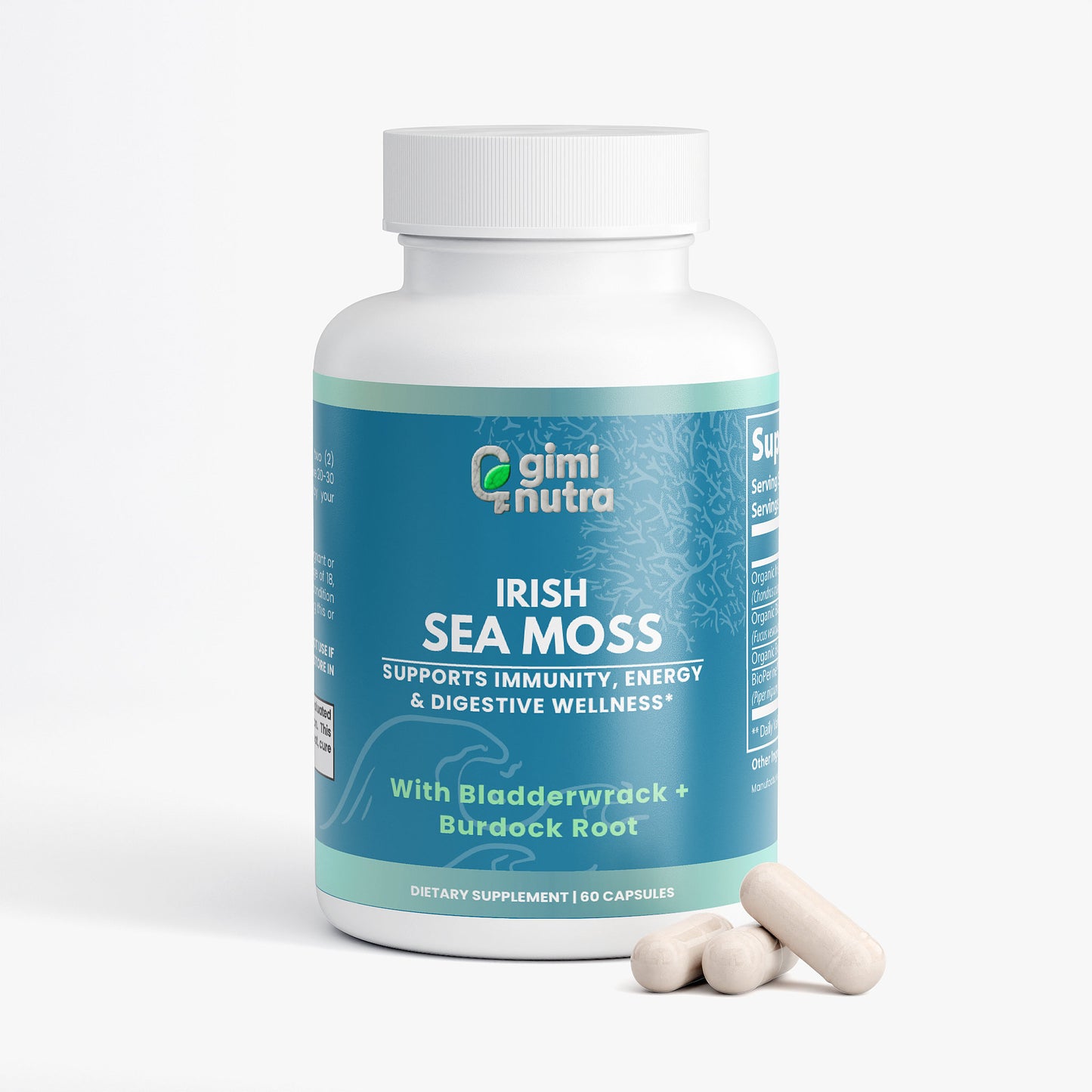 Supplement bottle labeled 'Irish Sea Moss' by Giminutra with capsules on bottom right on a white background
