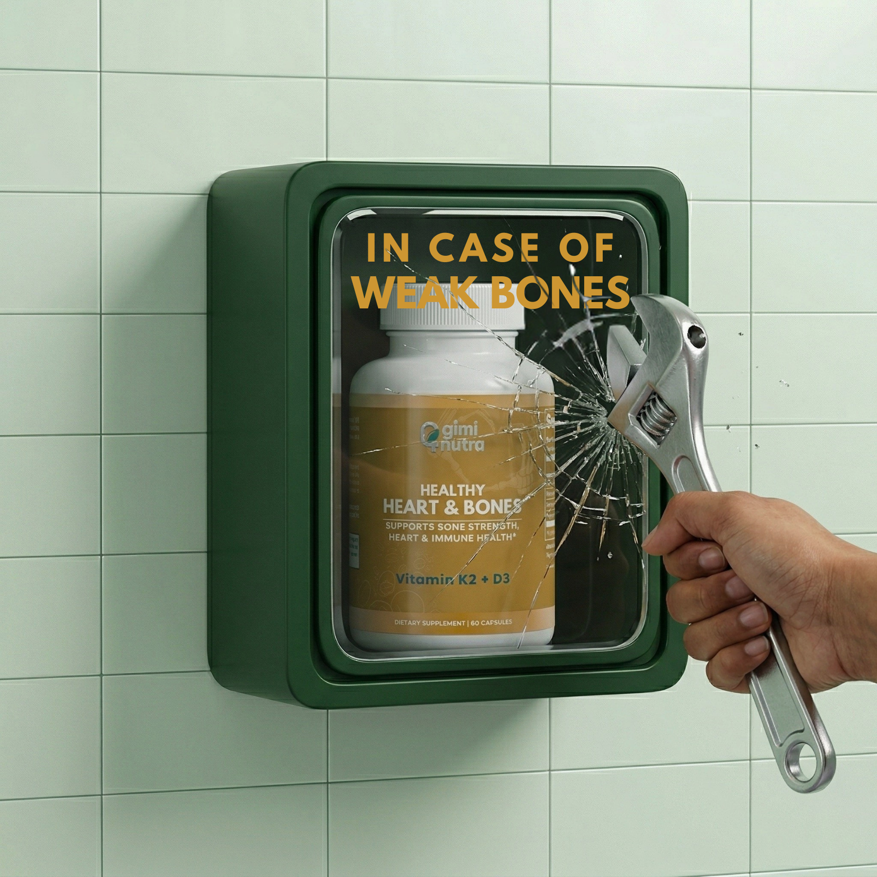 Green aid box with a wrench breaking glass panel showing a bottle of giminutra's vitamin K2+D3 supplement, on a mint green background.