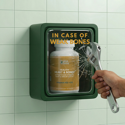 Green aid box with a wrench breaking glass panel showing a bottle of giminutra's vitamin K2+D3 supplement, on a mint green background.