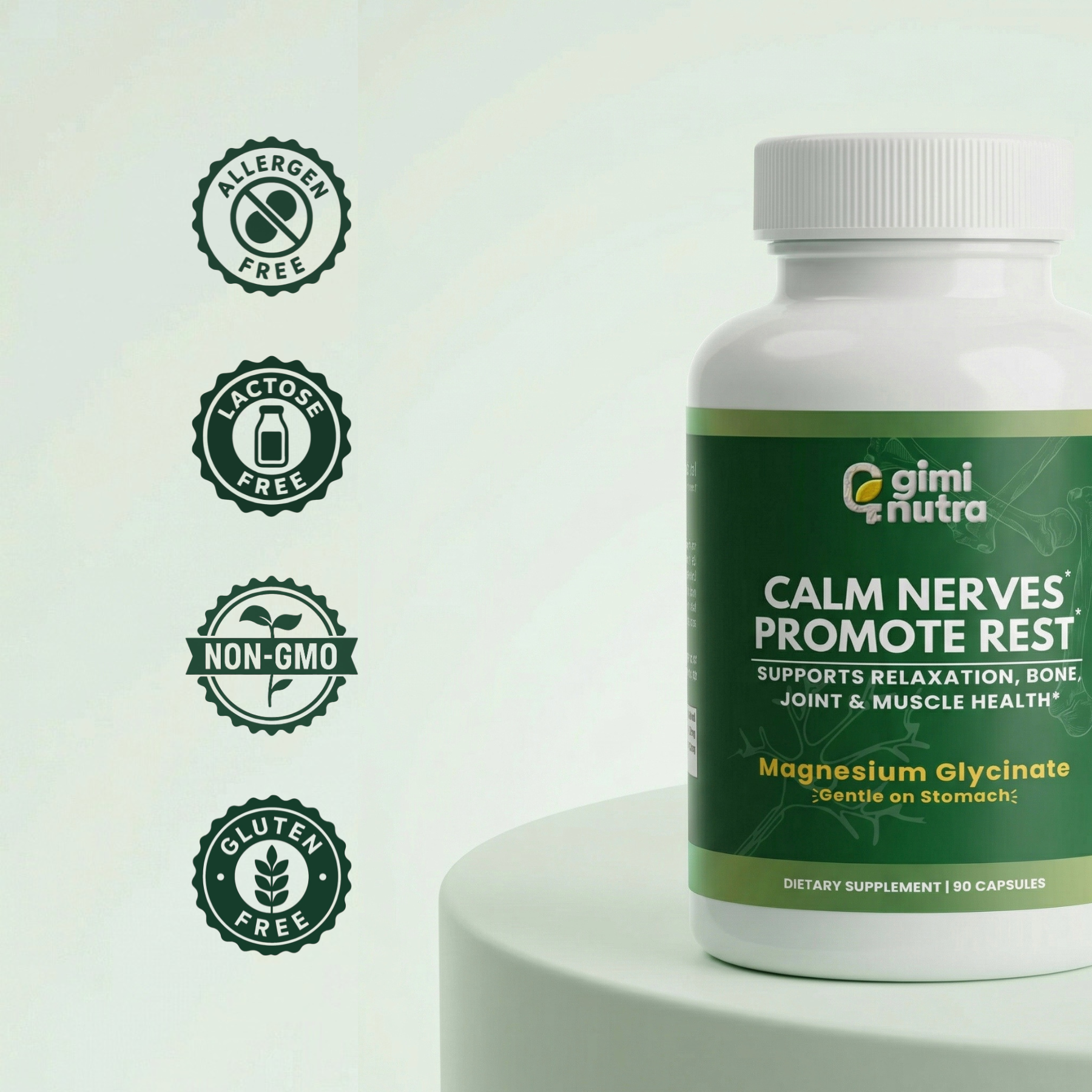 Supplement bottle labeled 'giminutra' on a light green background with trust badge icons.