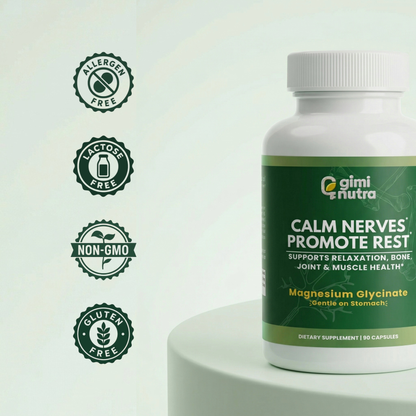 Supplement bottle labeled 'giminutra' on a light green background with trust badge icons.