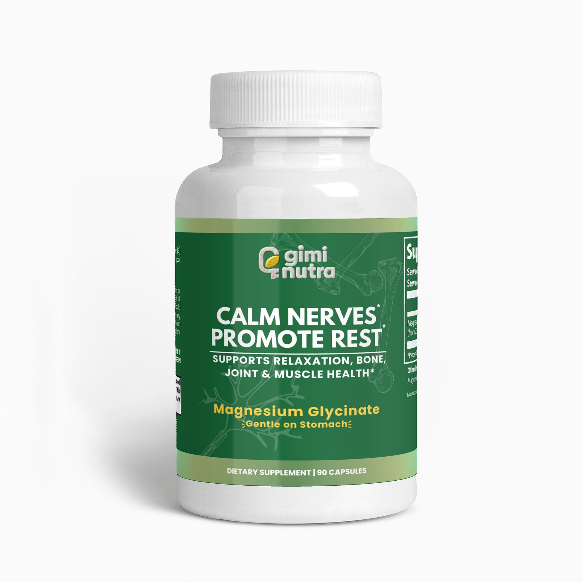 Supplement bottle of Giminutra's magnesium glycinate on a white background