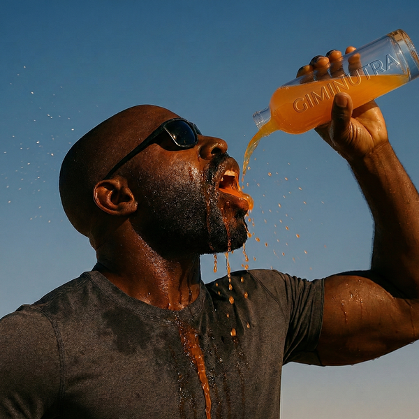 Man pouring orange liquid from a bottle labeled 'Gimnura' against a blue sky.