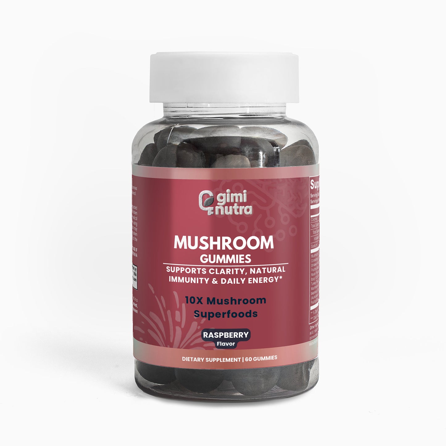 Giminutra's Mushroom gummies bottle on a white background