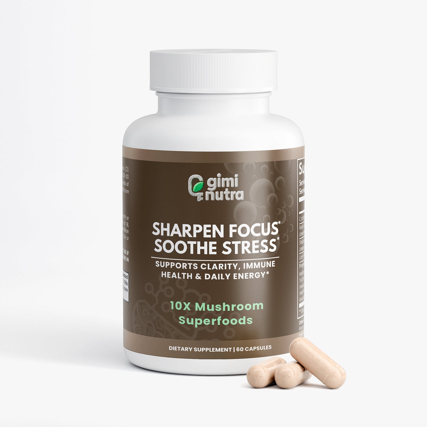 Giminutra's mushroom superfoods bottle with capsules to the bottom right on a white background