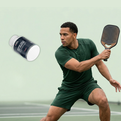 Man playing paddle tennis with giminutra's NAD+ supplement bottle on a light green background