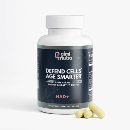 Giminutra NAD+ supplement bottle with capsules to the bottom right