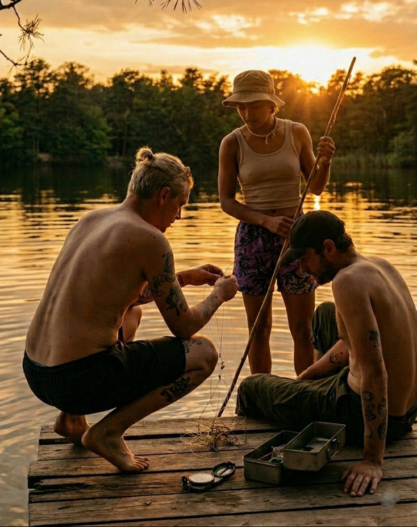 Three people preparing fishing lines on a dock near a lake. The background is a warm sunset. 