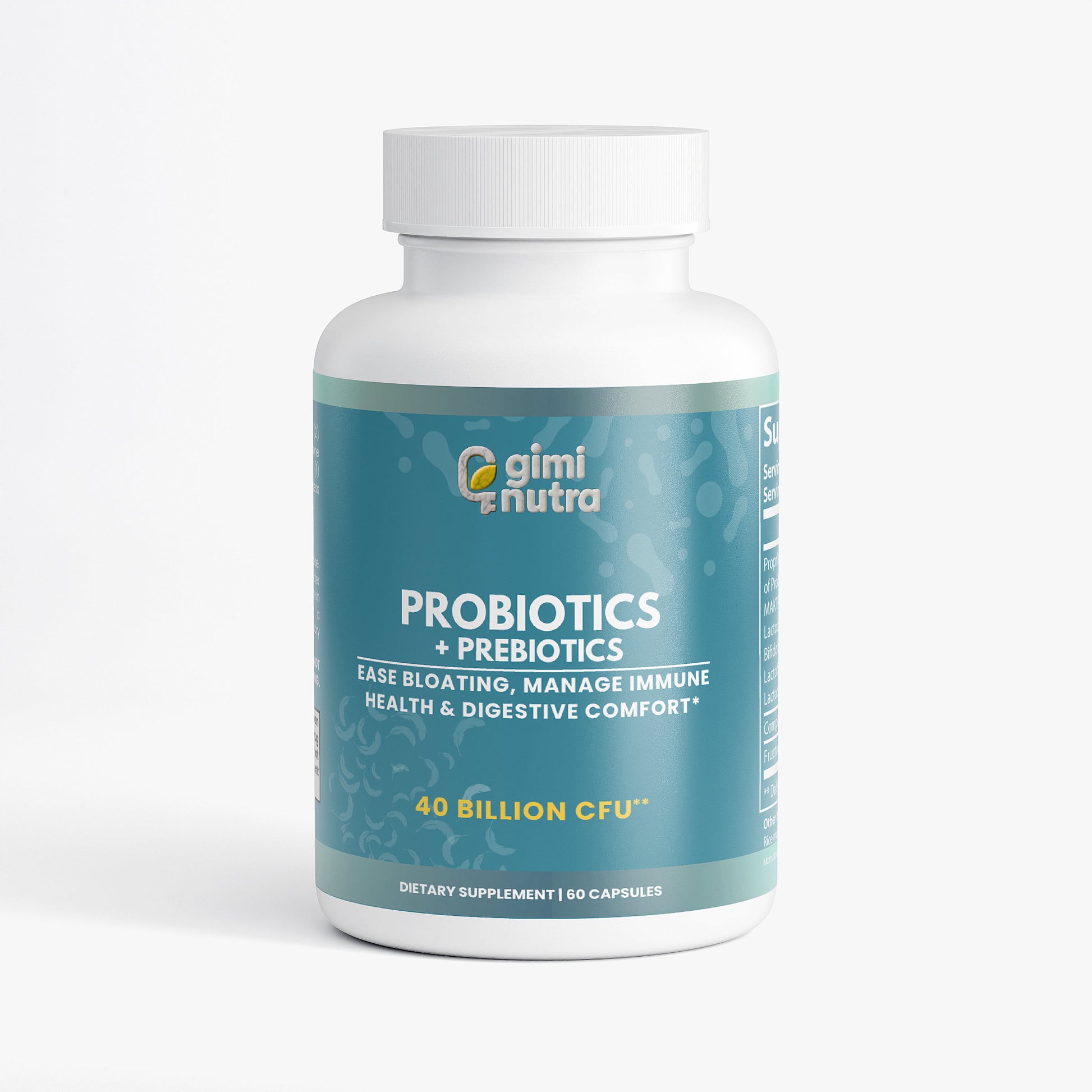 Giminutra probiotics and prebiotics supplement bottle on a white background