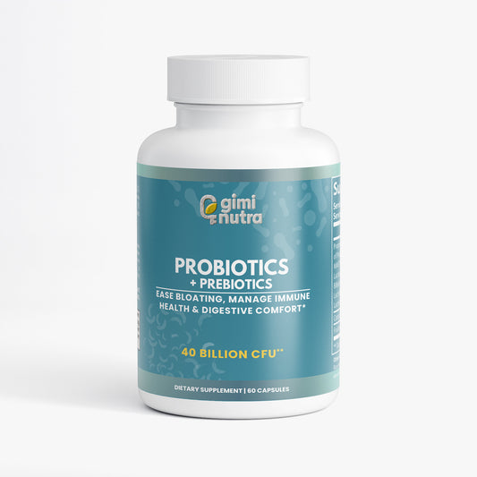 Giminutra probiotics and prebiotics supplement bottle on a white background