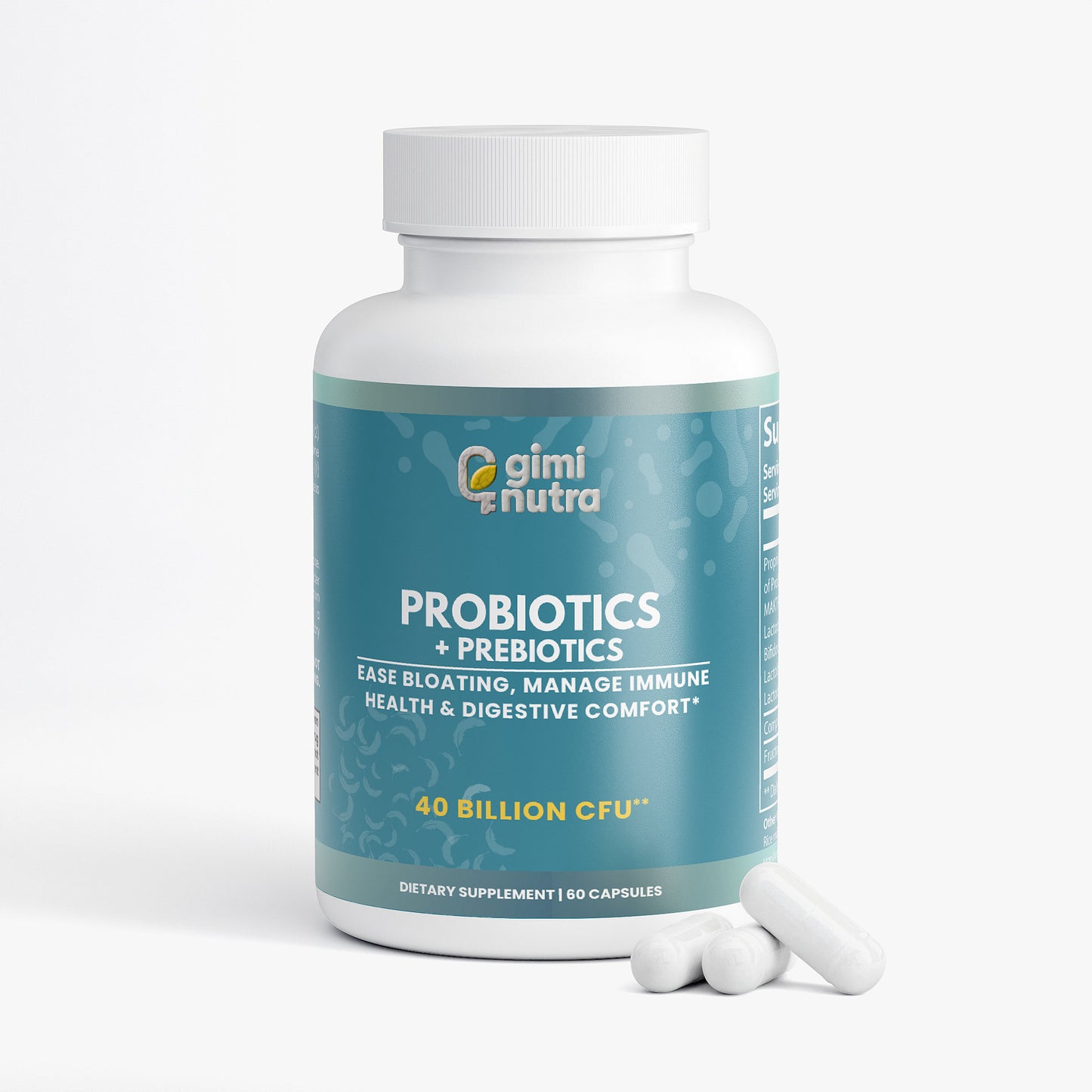 Giminutra probiotics and prebiotics supplement bottle with capsules to bottom right on a white background