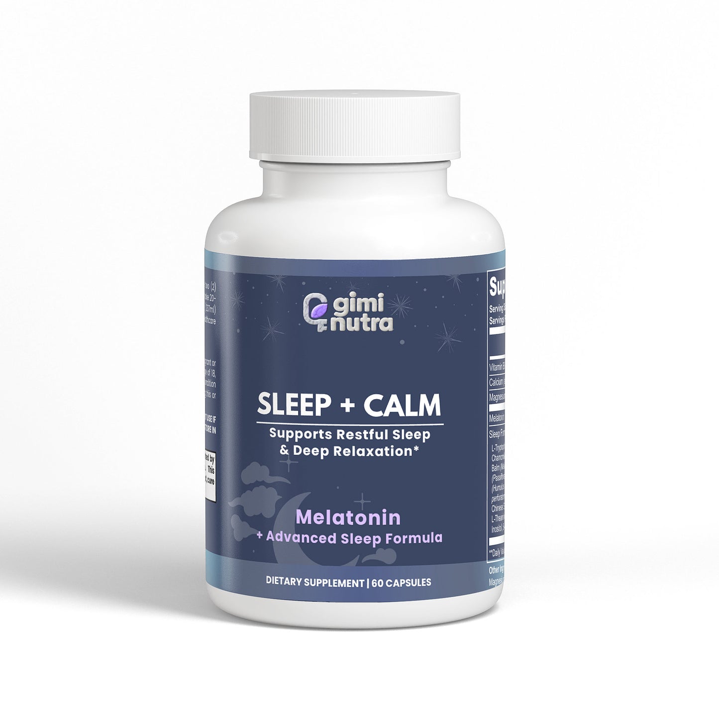 Supplement bottle labeled 'Sleep + Calm' by Giminutra on a white background