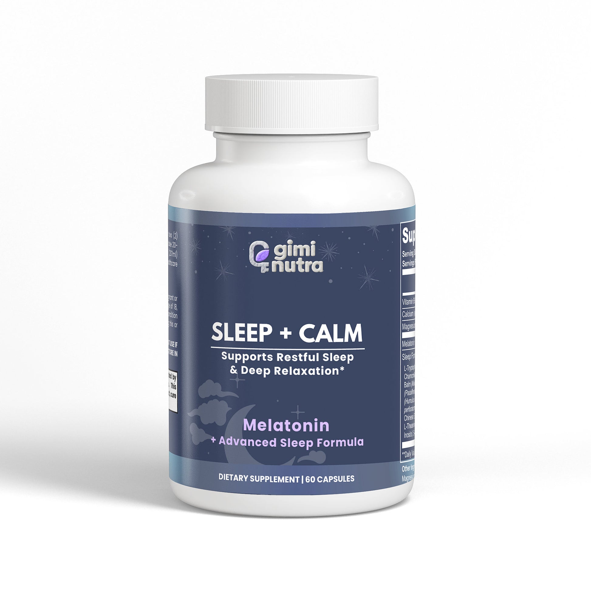 Supplement bottle labeled 'Sleep + Calm' by Giminutra on a white background
