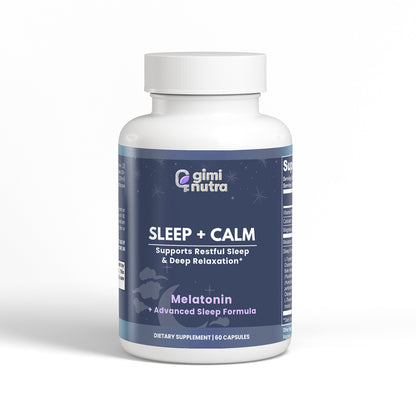 Supplement bottle labeled 'Sleep + Calm' by Giminutra on a white background