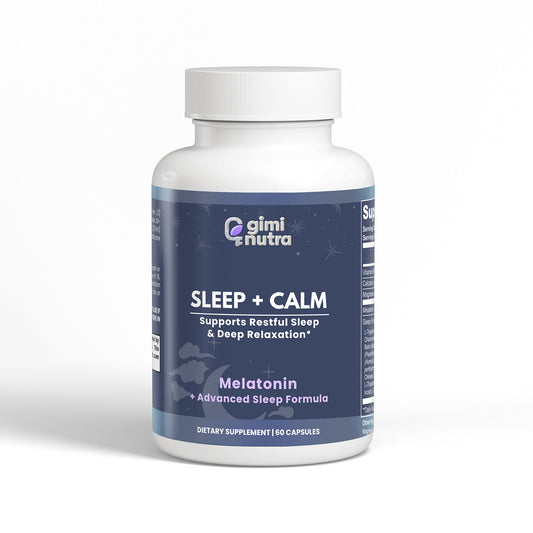 Supplement bottle labeled 'Sleep + Calm' by Giminutra on a white background