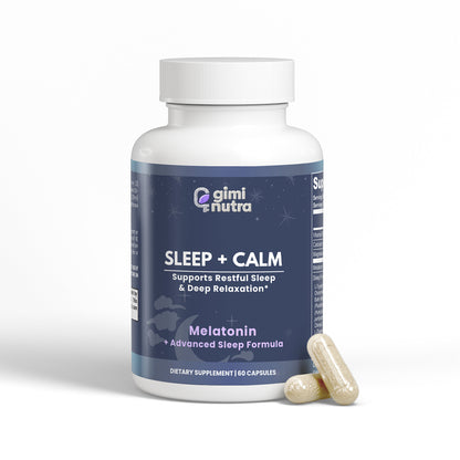 Supplement bottle labeled 'Sleep + Calm' by Giminutra with capsules to bottom right on a white background
