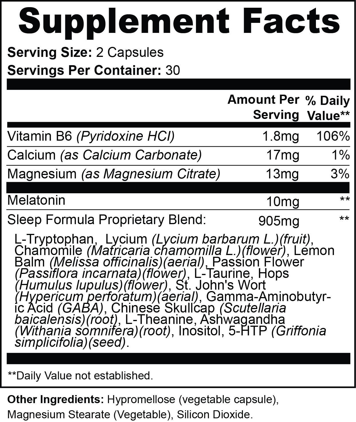 Supplement facts label for Giminutra sleep support