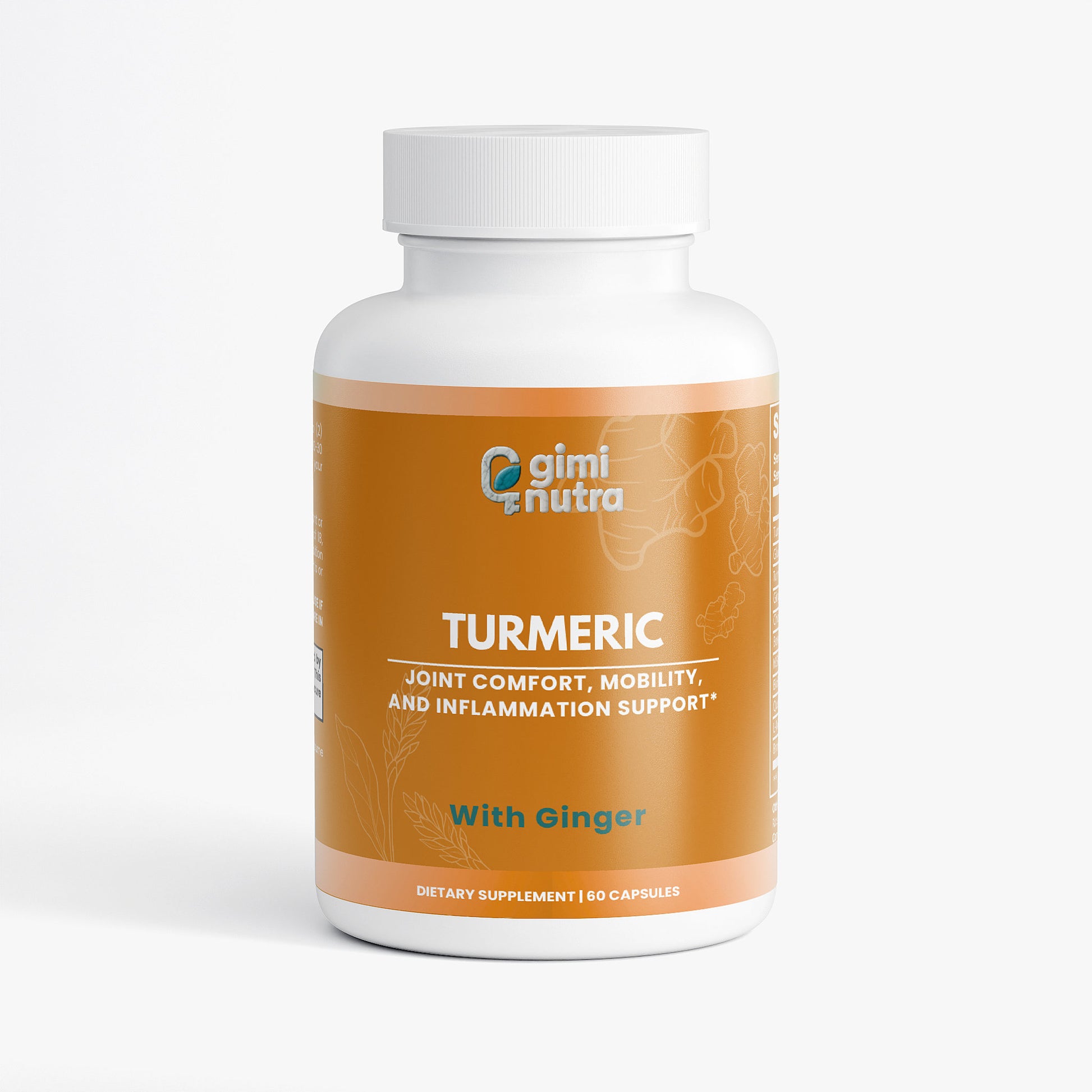 Giminutra's turmeric with ginger supplement bottle on a white background
