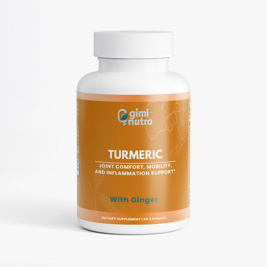 Giminutra's turmeric with ginger supplement bottle on a white background