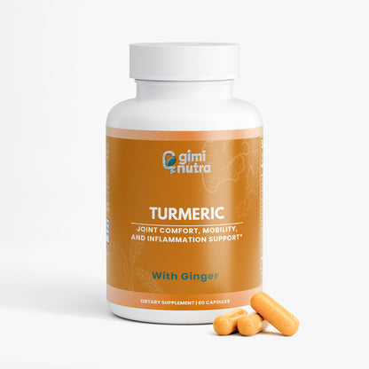 Giminutra's turmeric supplement bottle with capsules to bottom right on a white background