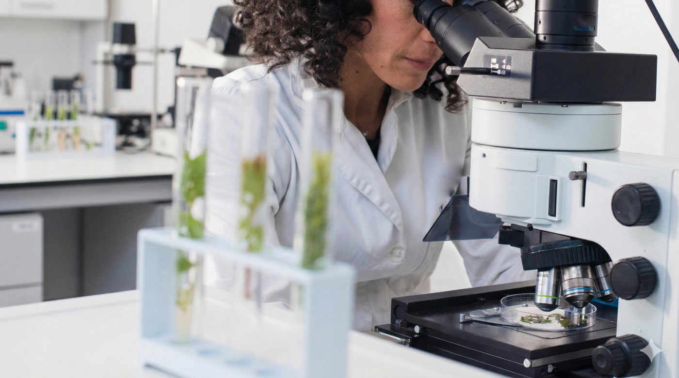 Person in a lab coat using a microscope in a laboratory setting
