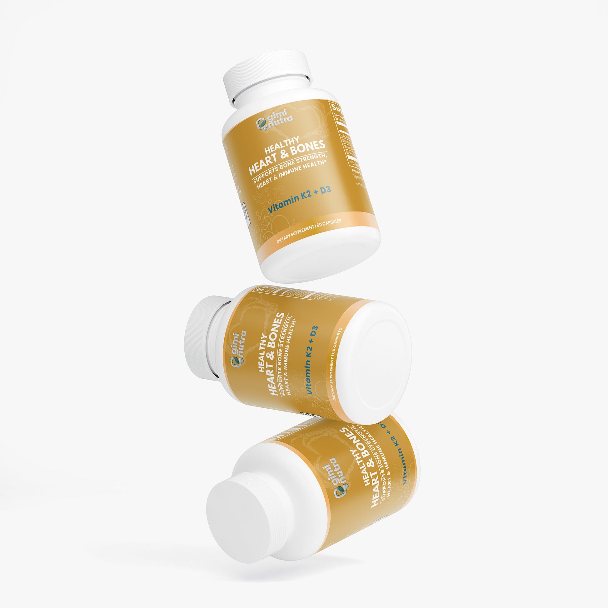 Three bottles of a Giminutra's vitamin K2+D3 supplement stacked with a white background